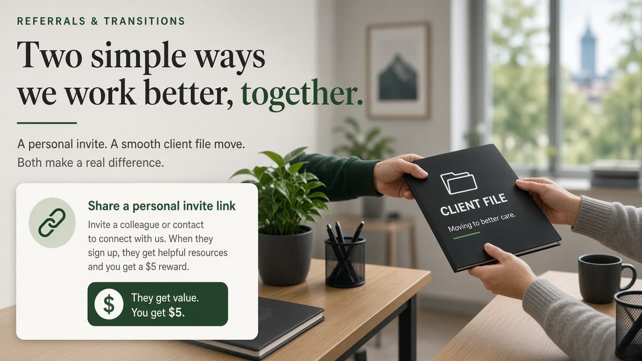 Referral invitation and client handoff shown as real estate lead sources