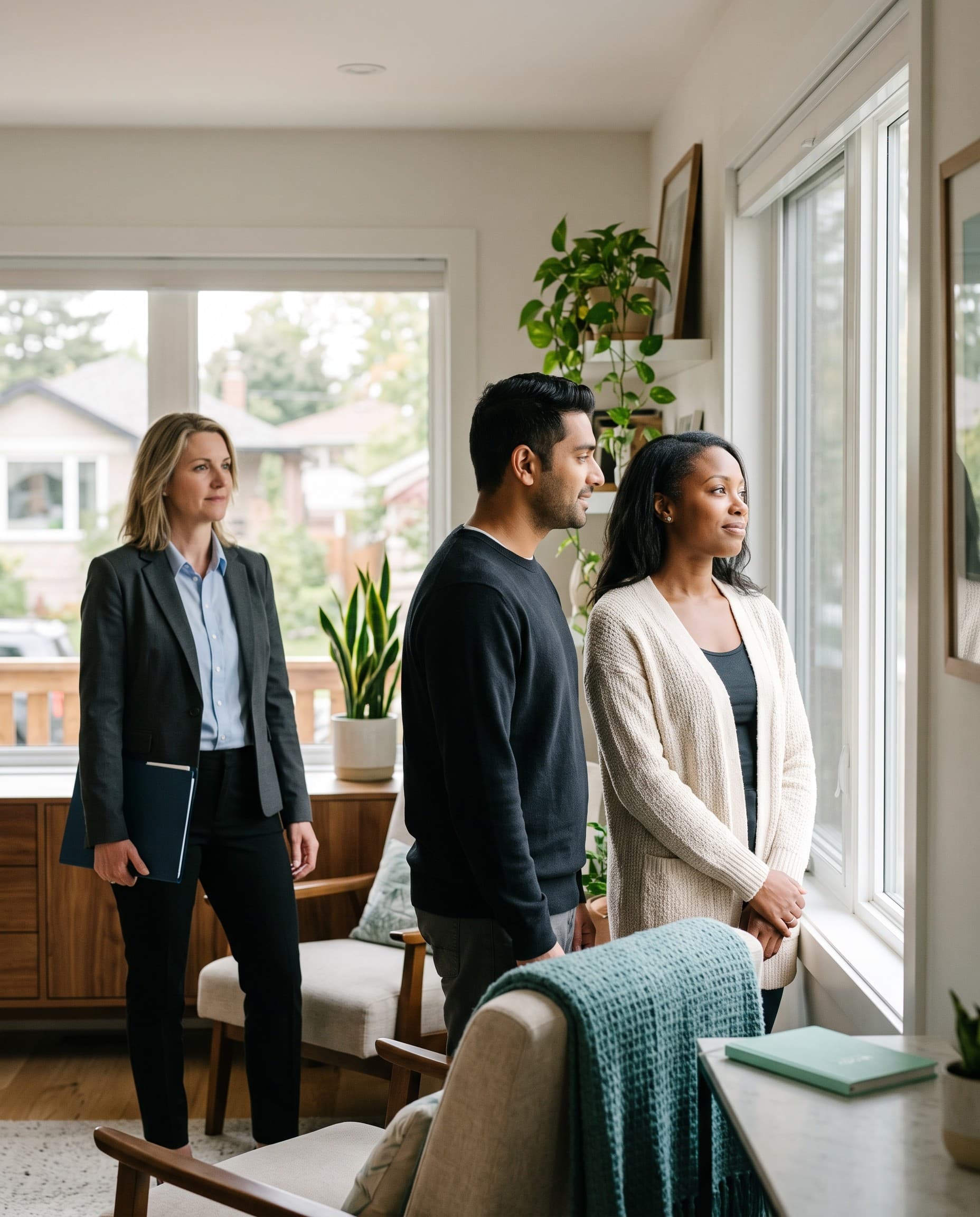 Real estate agent helping clients explore a home